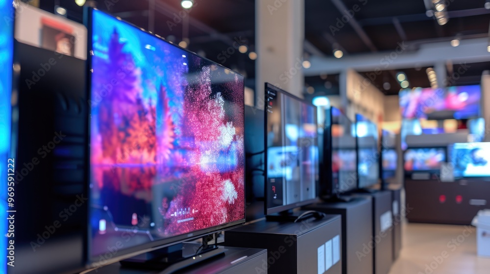 High-End Electronics Store with Modern TV Display Featuring LCD, OLED, AMOLED High-End Electronics Store with Modern TV Display Featuring LCD, OLED, AMOLED