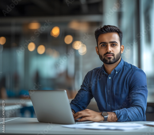  handsome Indian male working on a laptop in a modern office