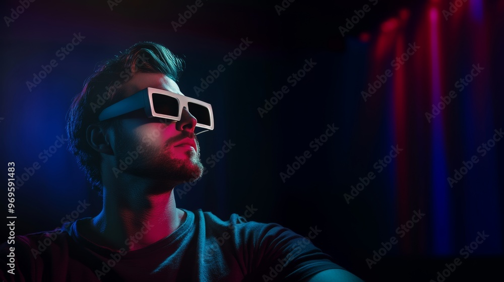 Man wearing 3D glasses in cinema with colorful lights. Digital illustration with dark background and neon lighting. Modern entertainment technology concept. Man wearing 3D glasses in cinema with colorful lights. Digital illustration with dark background and neon lighting. Modern entertainment technology concept.