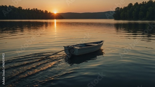 Peaceful boat ride on a lake during sunset, the perfect quiet evening moment.