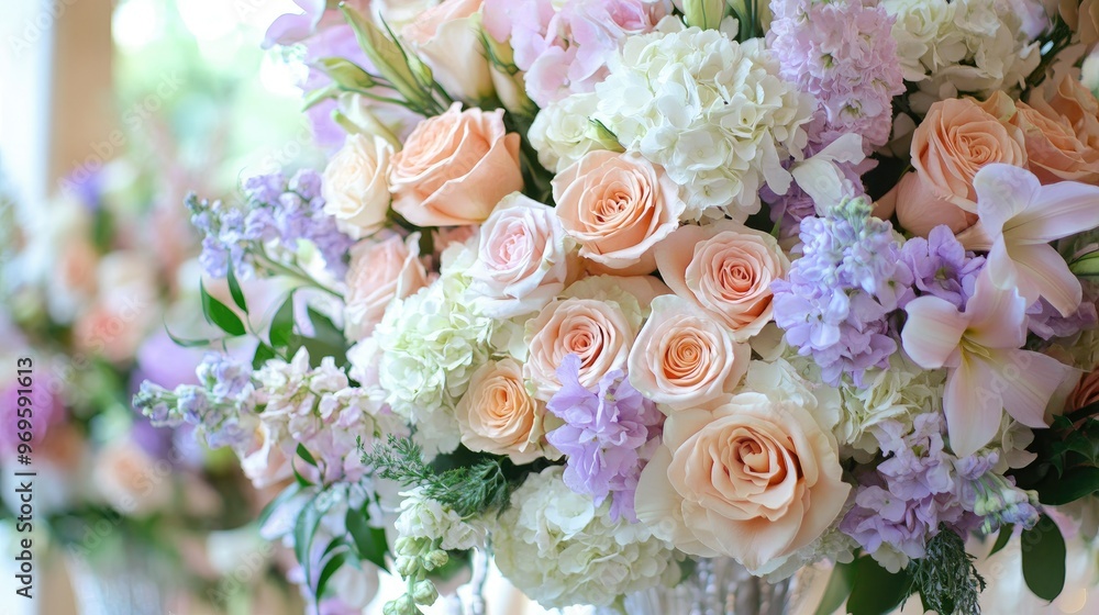 A large, cascading bouquet filled with pastel-colored roses, lilies, and hydrangeas displayed at a wedding reception. A large, cascading bouquet filled with pastel-colored roses, lilies, and hydrangeas displayed at a wedding reception.