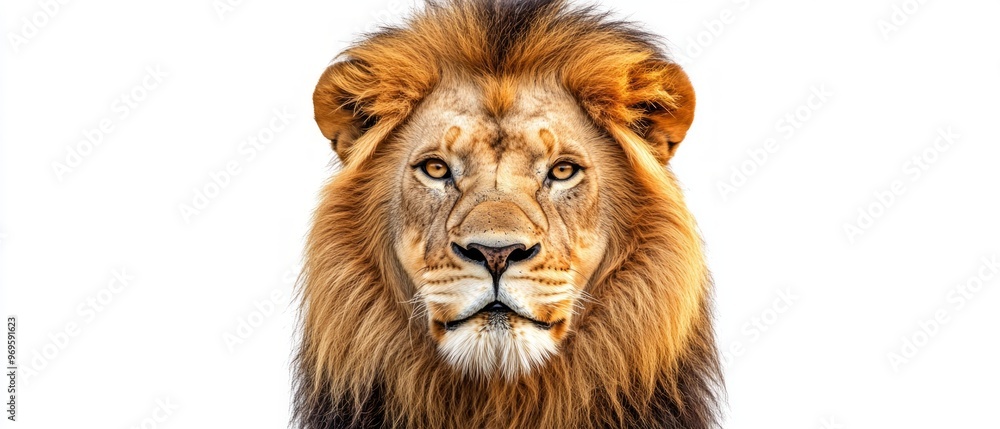 Obraz premium Majestic Lion in the Wild, a powerful full-body portrait showcasing the lion's grandeur and strength against a minimalist background, emphasizing its regal presence and natural beauty.