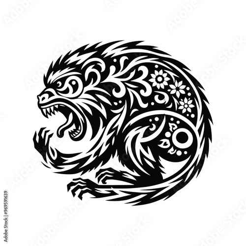 galada monkey in folk art black and white silhouette illustration -