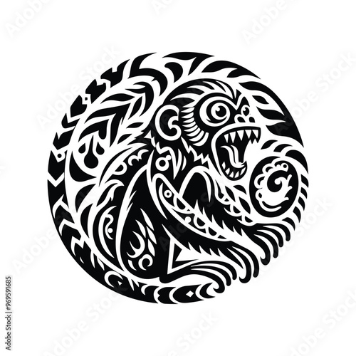 galada monkey in folk art black and white silhouette illustration -