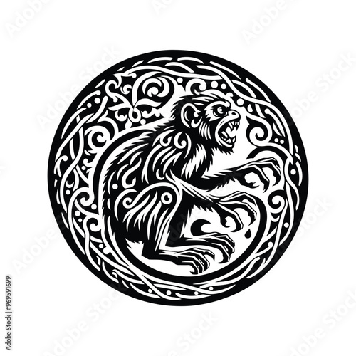galada monkey in folk art black and white silhouette illustration -