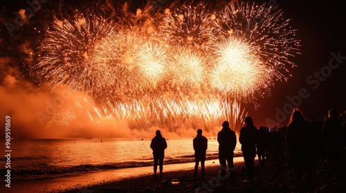 A massive firework display lighting up the night sky over a beach, with silhouetted people watching from the shore.