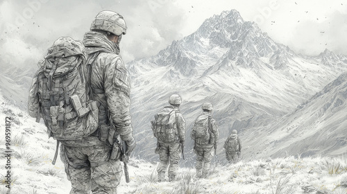 Soldiers in camouflage gear trek through a snow-covered mountain range.