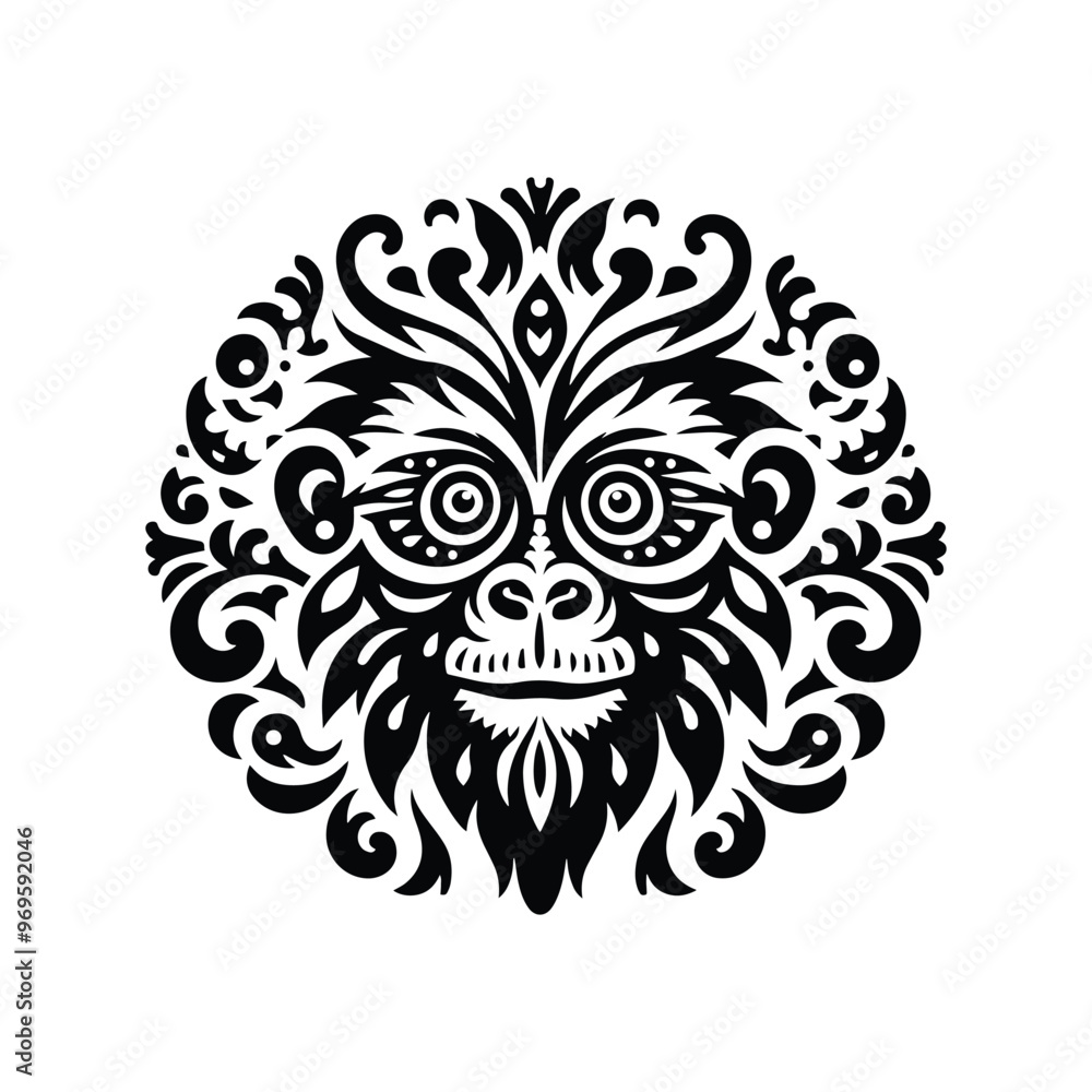 galada monkey in folk art black and white silhouette illustration - galada monkey in folk art black and white silhouette illustration -