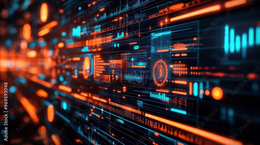 Naklejka premium An abstract image of a digital interface with dynamic graphs and creative design elements, showcasing cutting-edge technology with copy space.