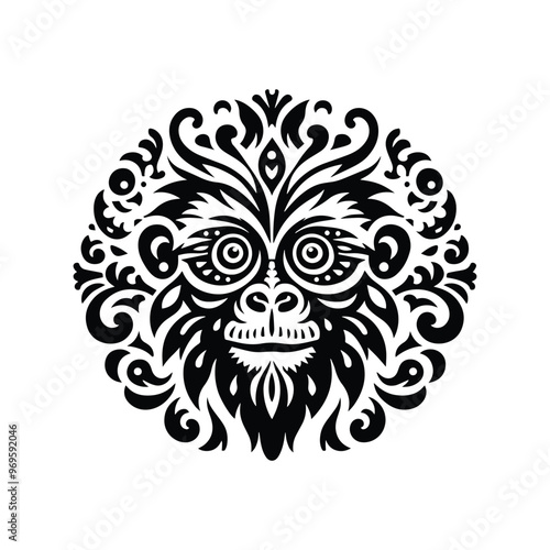 galada monkey in folk art black and white silhouette illustration -