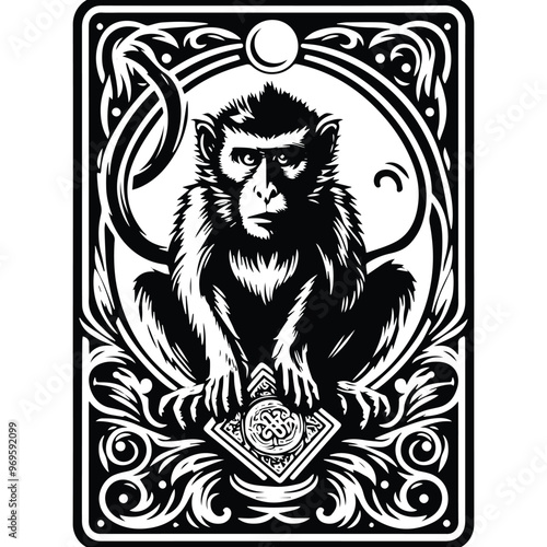 Wallpaper Mural galada monkey in Tarot card black and white silhouette illustration - Torontodigital.ca