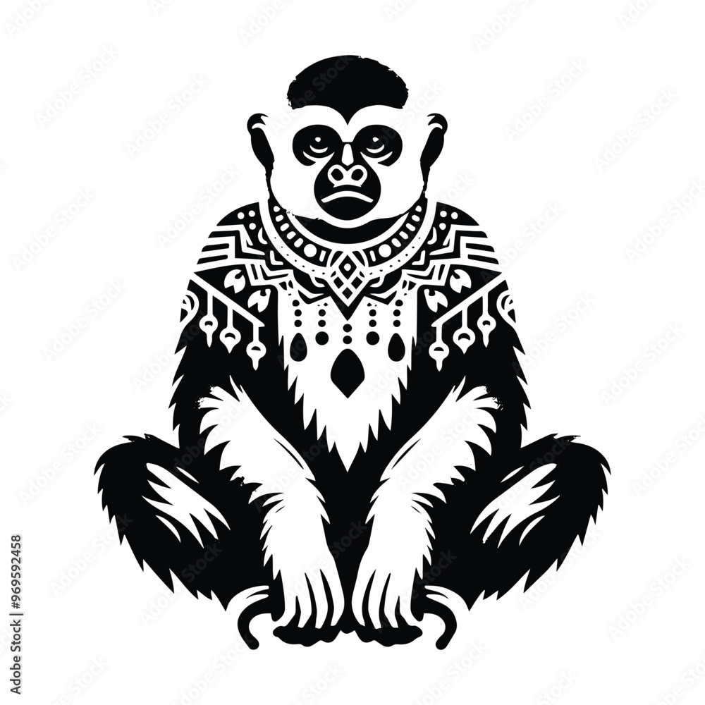 Gibbon monkey in bohemian black and white silhouette illustration - Gibbon monkey in bohemian black and white silhouette illustration -