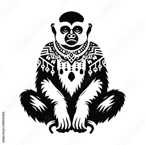 Gibbon monkey in bohemian black and white silhouette illustration -