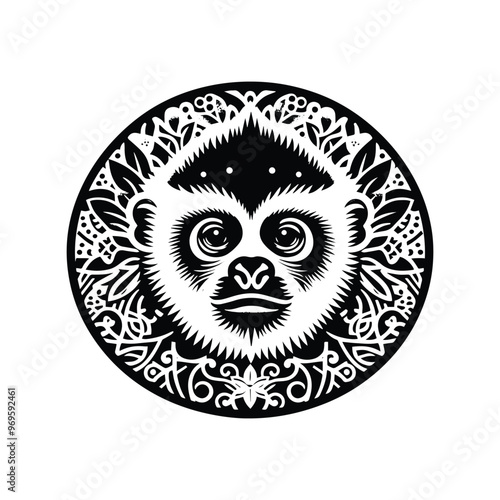 Gibbon monkey in bohemian black and white silhouette illustration -