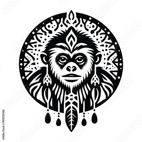 Gibbon monkey in bohemian black and white silhouette illustration -