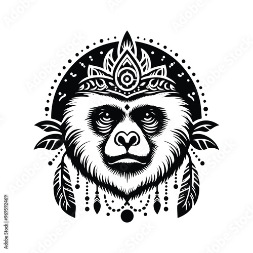 Gibbon monkey in bohemian black and white silhouette illustration -