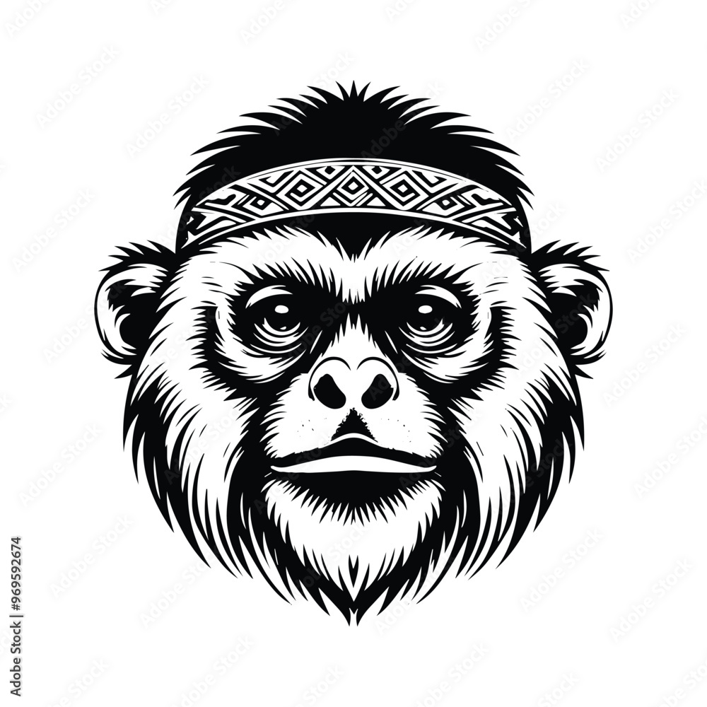 Fototapeta premium Gibbon monkey in bohemian black and white silhouette illustration -
