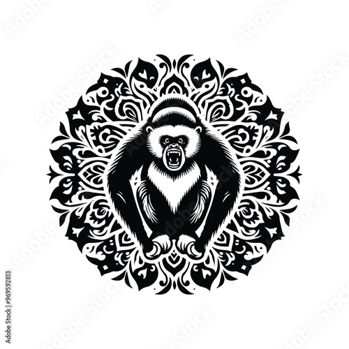 Gibbon monkey in folk art black and white silhouette illustration -