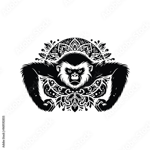 Gibbon monkey in bohemian black and white silhouette illustration -