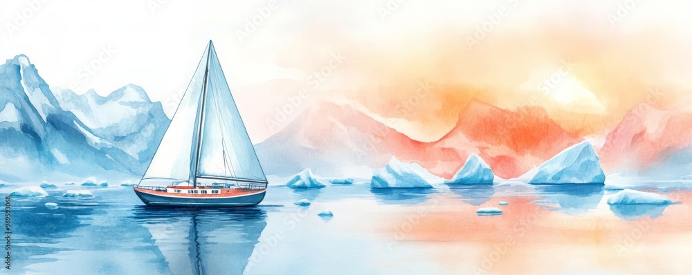 Naklejka premium Sailboat navigating through icebergs, arctic waters, watercolor style