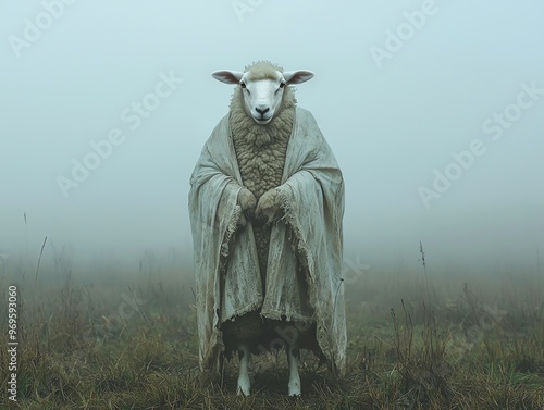 Sheep in a wizards robe standing in a foggy Halloween field, wizard sheep, farm animal in magical costume