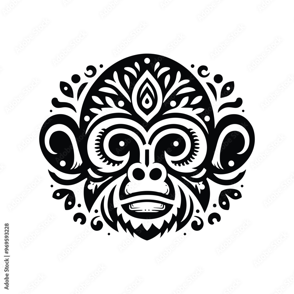 Gibbon monkey in folk art black and white silhouette illustration - Gibbon monkey in folk art black and white silhouette illustration -