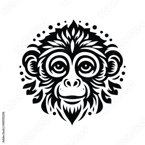 Gibbon monkey in folk art black and white silhouette illustration -