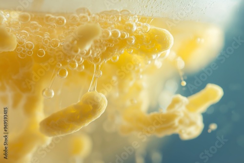 Macro shot focusing on the yeast fermentation process, capturing foam and bubbles forming in a liquid solution. photo