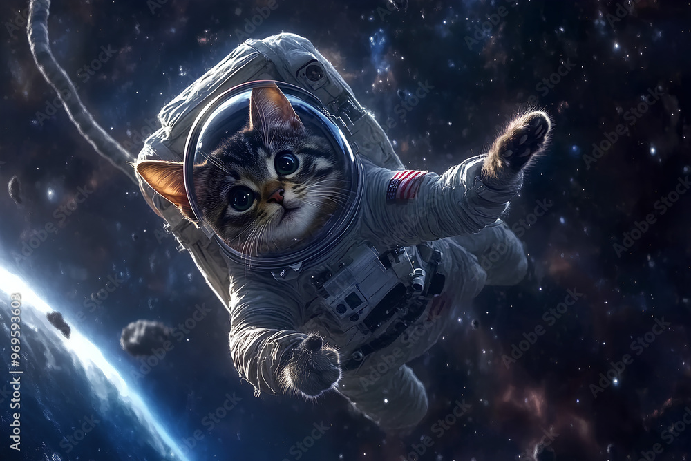 A cat in an astronaut suit floats in space, exploring the cosmos amid stars and planets. A cat in an astronaut suit floats in space, exploring the cosmos amid stars and planets.