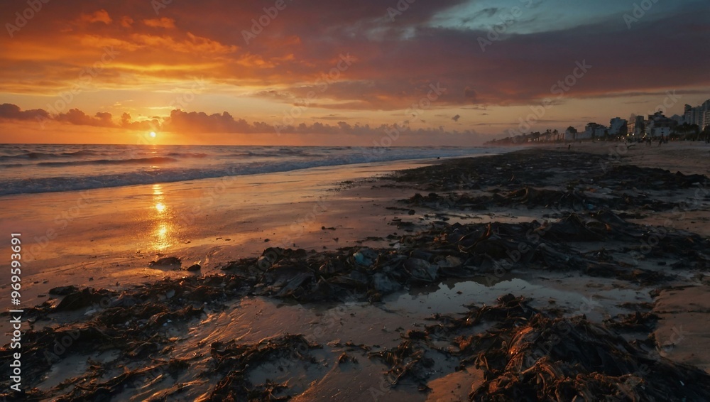 Polluted beach under a fiery sunset. Polluted beach under a fiery sunset.