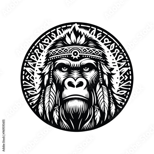 gorilla monkey in bohemian black and white silhouette illustration -