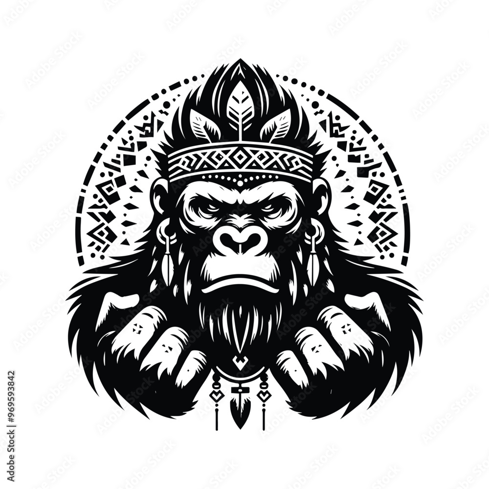 Fototapeta premium gorilla monkey in bohemian black and white silhouette illustration -