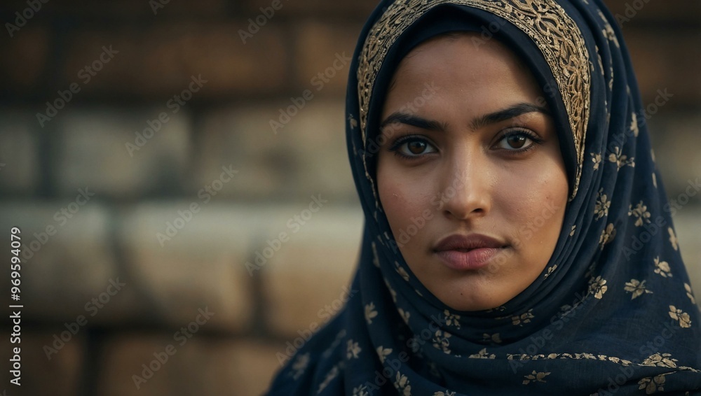 Portrait of a woman wearing a hijab, symbolizing strength and cultural pride. Portrait of a woman wearing a hijab, symbolizing strength and cultural pride.