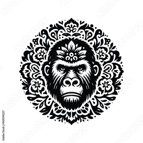 gorilla monkey in folk art black and white silhouette illustration -