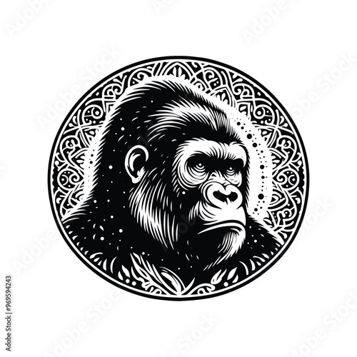 gorilla monkey in bohemian black and white silhouette illustration -