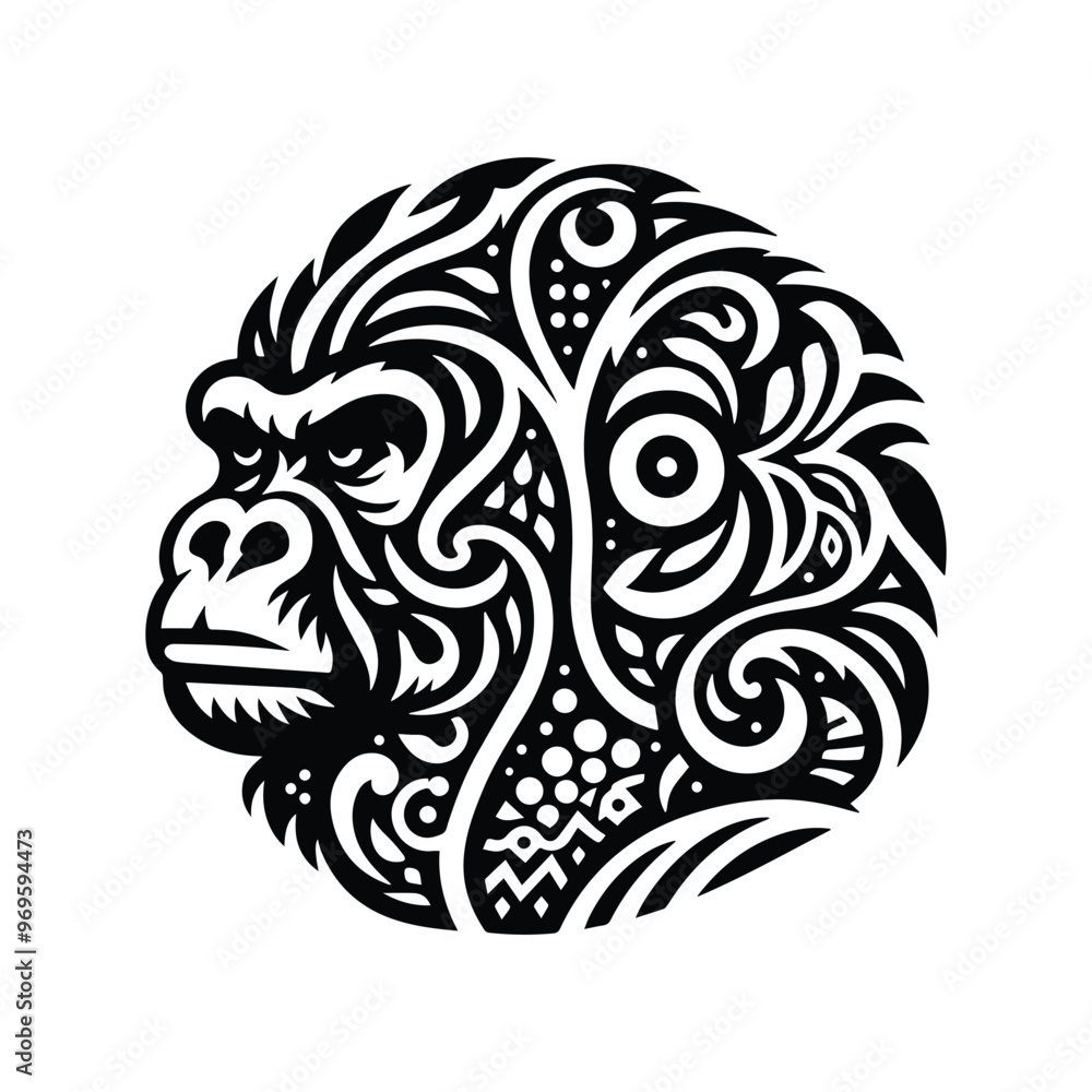 gorilla monkey in folk art black and white silhouette illustration - gorilla monkey in folk art black and white silhouette illustration -
