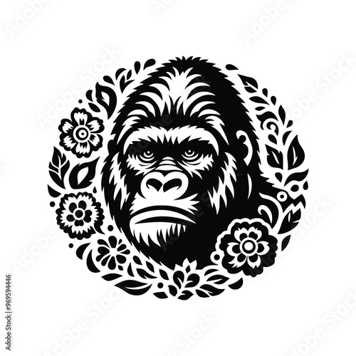 gorilla monkey in folk art black and white silhouette illustration -
