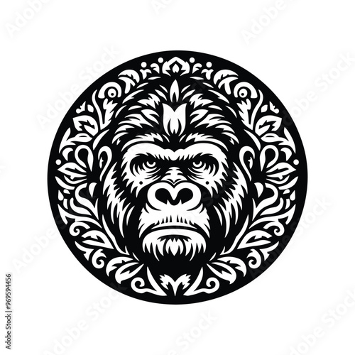 gorilla monkey in folk art black and white silhouette illustration -