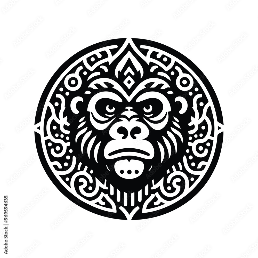 gorilla monkey in folk art black and white silhouette illustration - gorilla monkey in folk art black and white silhouette illustration -