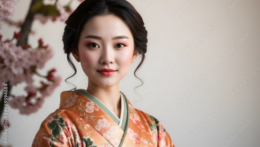 Graceful young woman dressed in a colorful kimono surrounded by cherry blossoms. Capturing Japanese culture and tradition in a serene setting. Graceful young woman dressed in a colorful kimono surrounded by cherry blossoms. Capturing Japanese culture and tradition in a serene setting.
