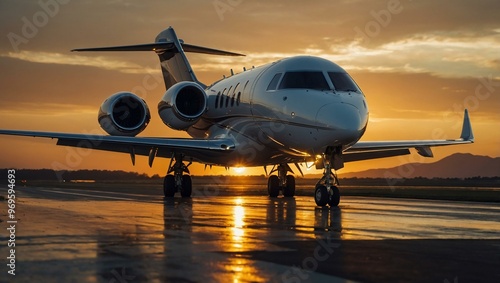 Private jet landing at sunset, golden runway glow.