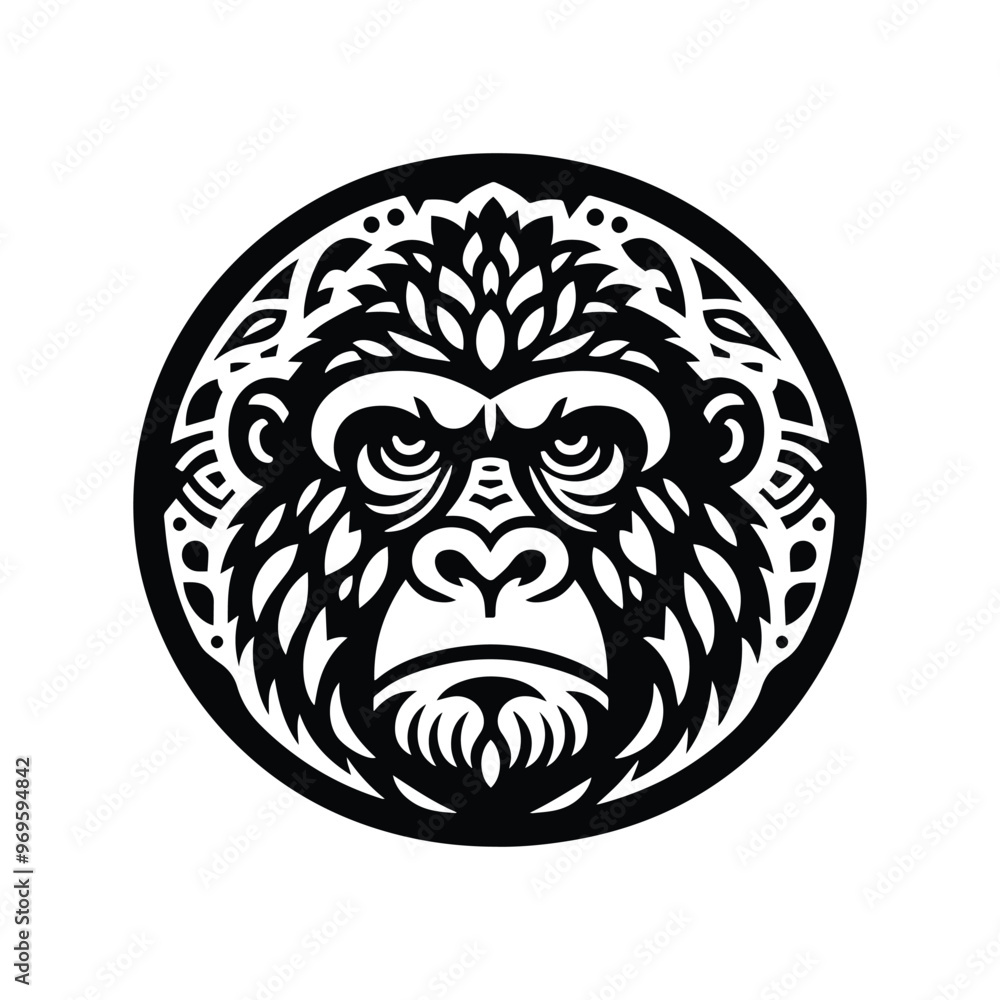 gorilla monkey in folk art black and white silhouette illustration - gorilla monkey in folk art black and white silhouette illustration -