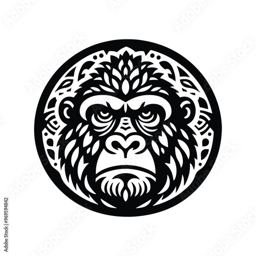 gorilla monkey in folk art black and white silhouette illustration -