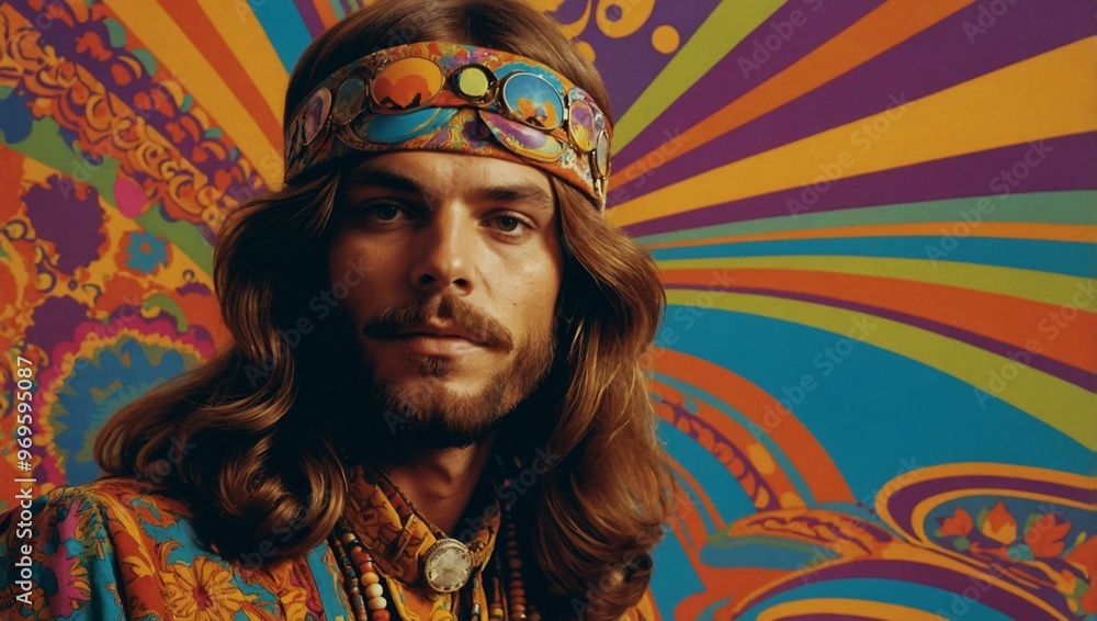 Psychedelic 1970s hippie poster, vibrant colors and retro patterns with a groovy vibe. Psychedelic 1970s hippie poster, vibrant colors and retro patterns with a groovy vibe.