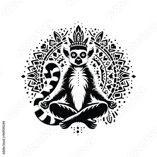 lemur monkey in bohemian black and white silhouette illustration -