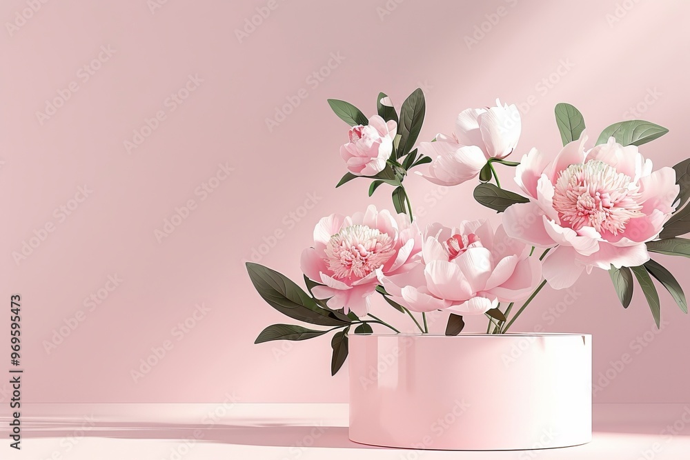 A 3D cylinder display podium showcasing peonies in full bloom against a soft pastel pink backdrop A 3D cylinder display podium showcasing peonies in full bloom against a soft pastel pink backdrop