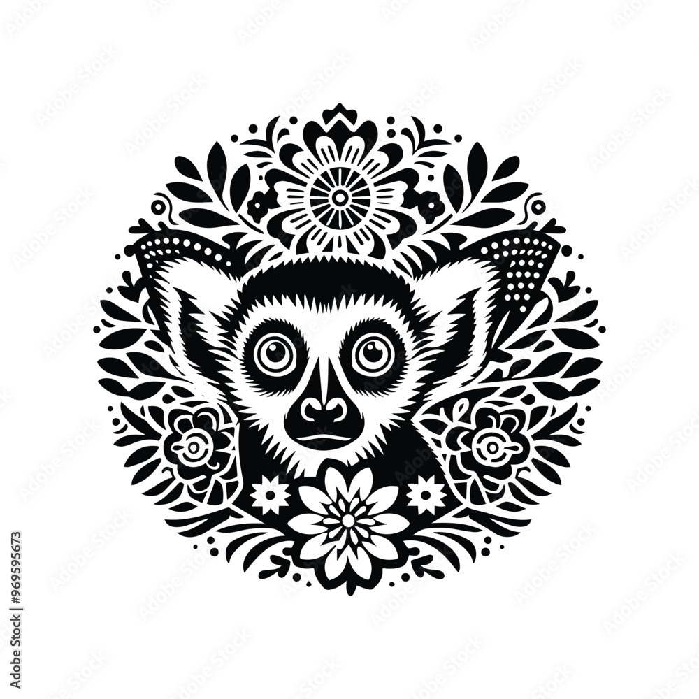 lemur monkey in folk art black and white silhouette illustration - lemur monkey in folk art black and white silhouette illustration -