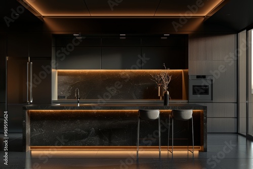 showcasing an AI-generated illustration of a luxury modern home's dark kitchen interior design photo