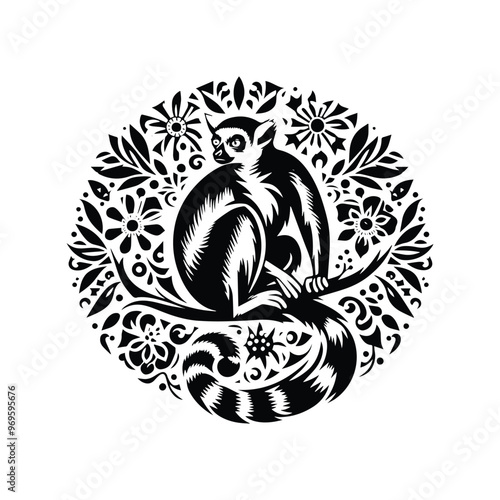 lemur monkey in folk art black and white silhouette illustration -