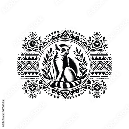 lemur monkey in bohemian black and white silhouette illustration -